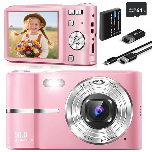 4K 50MP Digital Camera, 16x Zoom Anti-Shake Compact Camera with 64GB TF Card, 1080P Camera Camcorder Gift for Girls and Boys,Pink