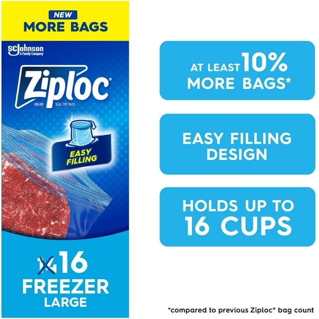 Ziploc Large Freezer Bags, Seal Top, Stay Open Design, 16 Bags