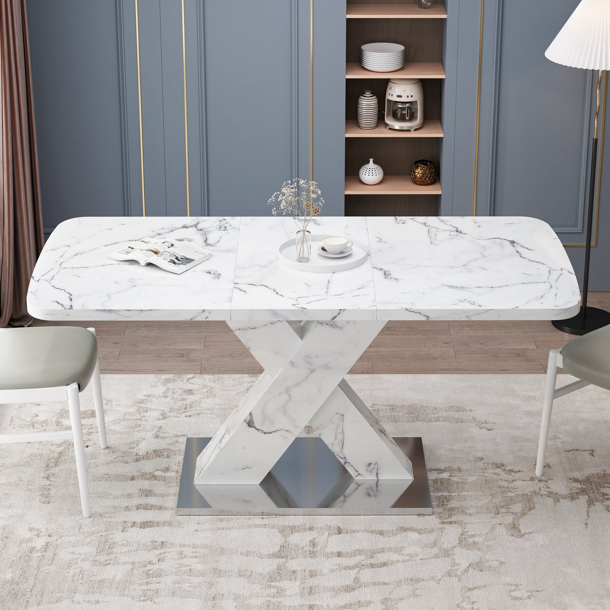 Stretchable Dining Table, Modern Square Dining Table, white Marble Table Top+MDF X-Shape Table Leg with Metal Base