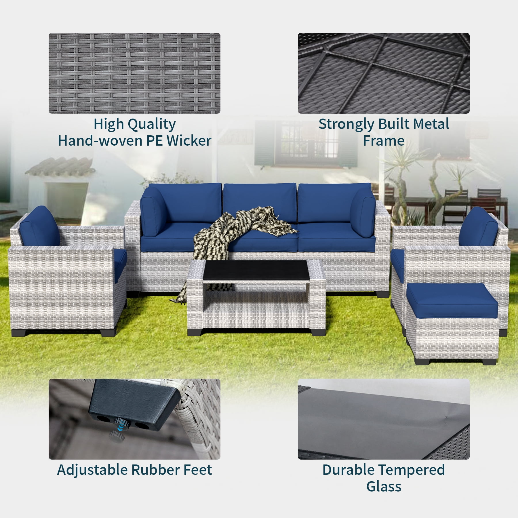 7-Piece Outdoor Patio Furniture Set, All-Weather Rattan Sectional Sofa with Waterproof Cushions & Tempered Glass Table, Perfect for Garden, Poolside, Backyard (Navy Blue)