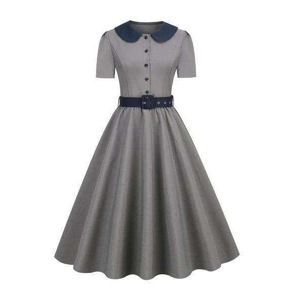 Brglopf 1950's Vintage Swing Dress for Women, Womens Polka Dot Cocktail Dress Short Sleeve Bow Tie Waist Flowy Evening Tea Dress Gray S