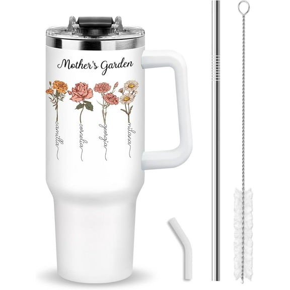 Personalized Mothers Day Birthday Gifts For Mom Grandma Wife From Daughter Son, Custom Mothers Garden Tumbler With Names Handle And Straw, 40 Oz Travel Coffee Tumbler For Mom Women Gifts