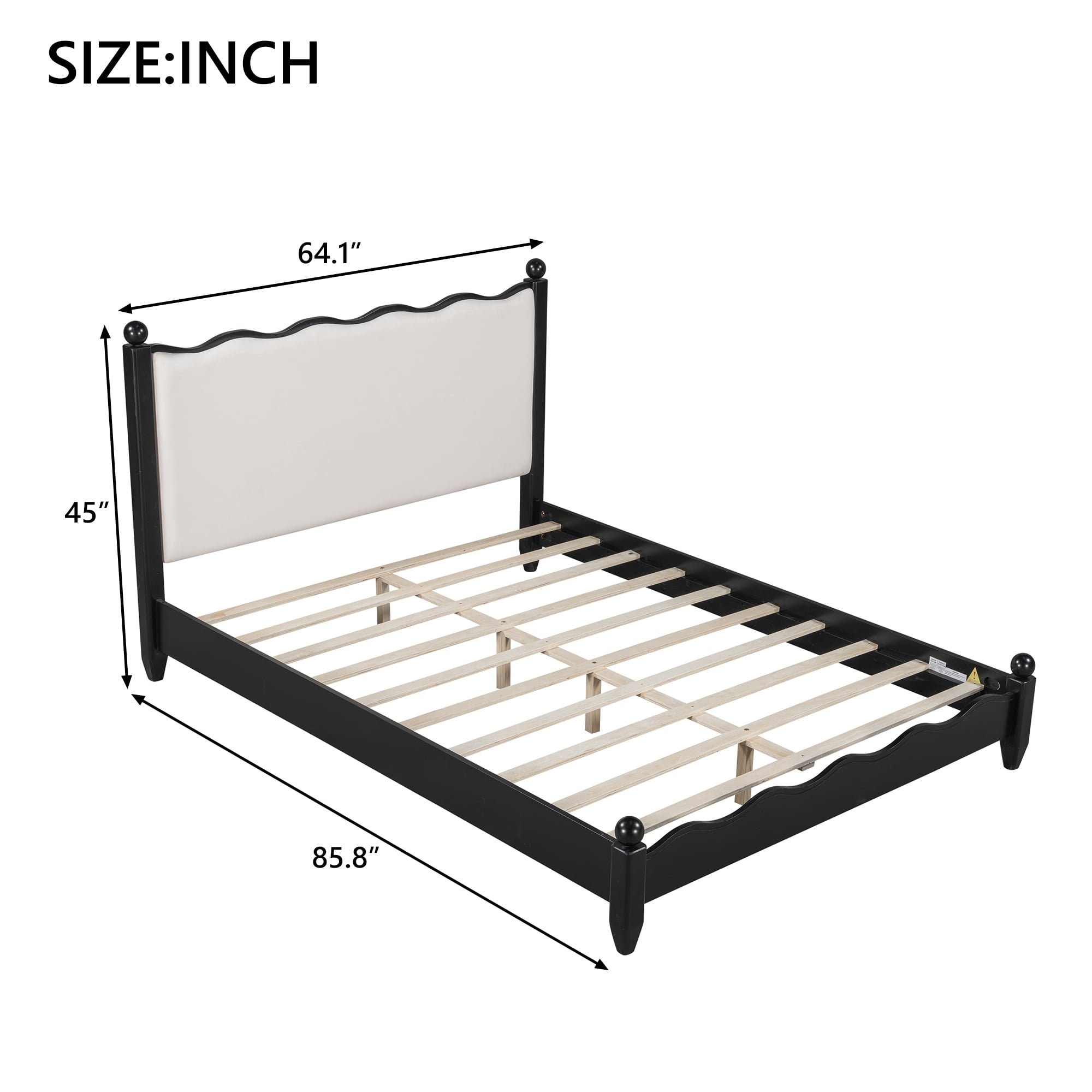 Alvantor Queen Size Wood Platform Bed with Upholstered Headboard, Solid Slat Support, Black + Beige
