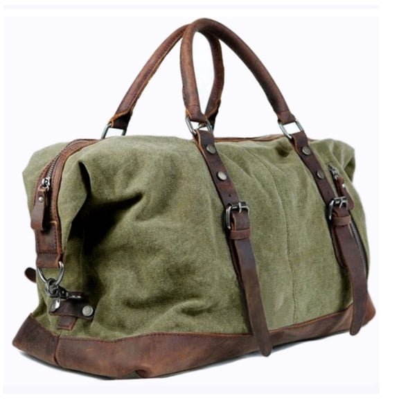 "Cabo" Retro Military Canvas Carryall Tote Bag with Leather Straps - Green
