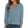 thumbnail image 3 of Women's Crew Neck Button Henley Waffle Knit Loose Long Sleeve Top Blue XXL, 3 of 5
