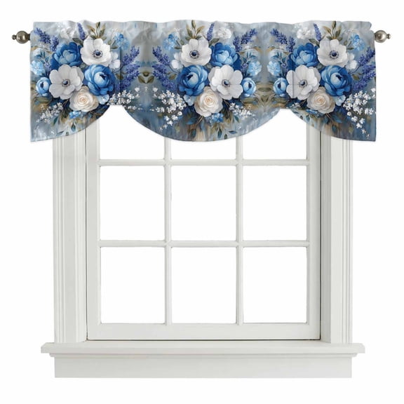 White Blue Spring Floral Tie Up Valance Curtains for Windows, Kitchen Curtains Window Treatments, Vintage Flowers Pastoral Short Window Shades Valances for Bedroom Bathroom Cafe 42"x18"