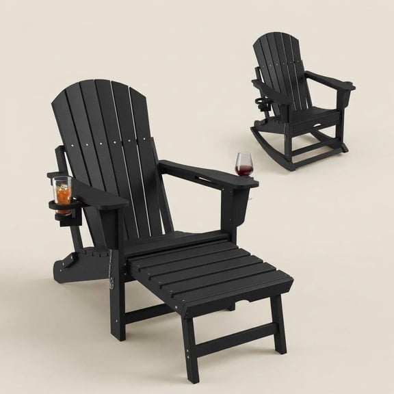 Folding HDPE Adirondack Rocking Chair with Retractable Footrest & Dual Cup Holders – Heavy Duty, All-Weather, Ergonomic Patio Rocker for Garden, Deck, Porch – Black