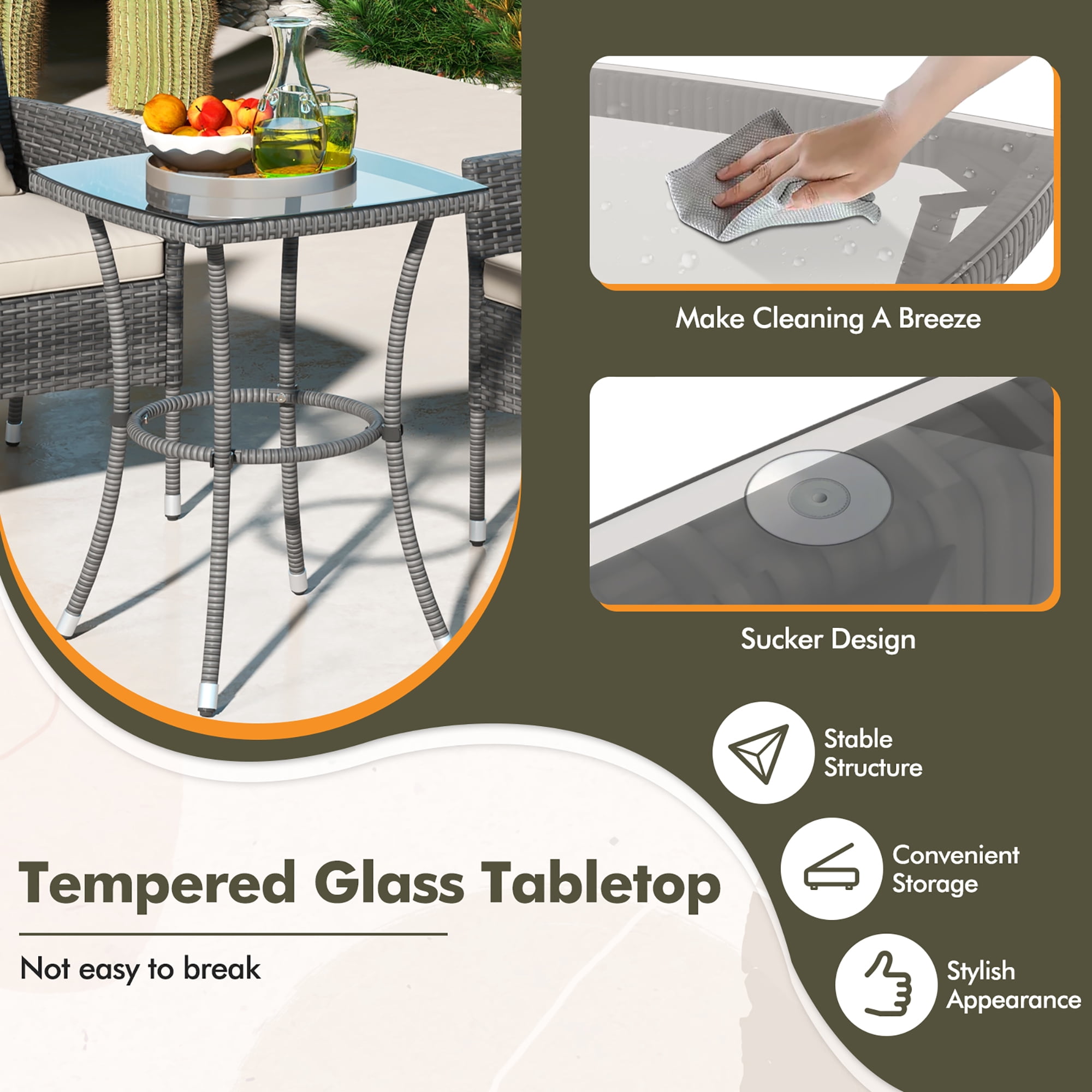 Gymax 3-Piece Patio Furniture Set PE Wicker Conversation Bistro Set w/ A Tempered Glass Table