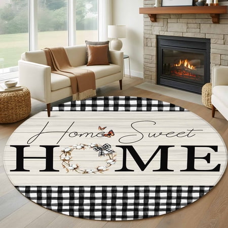 Farmhouse Home Round Area Rug 5 FT Non Slip Bedroom Rugs Black Plaid Vintage Wood Grain Butterfly Washable Soft Circular Carpet Non-Shedding Floor Mat for Kitchen Dining Room Foyer Balcony Dorm