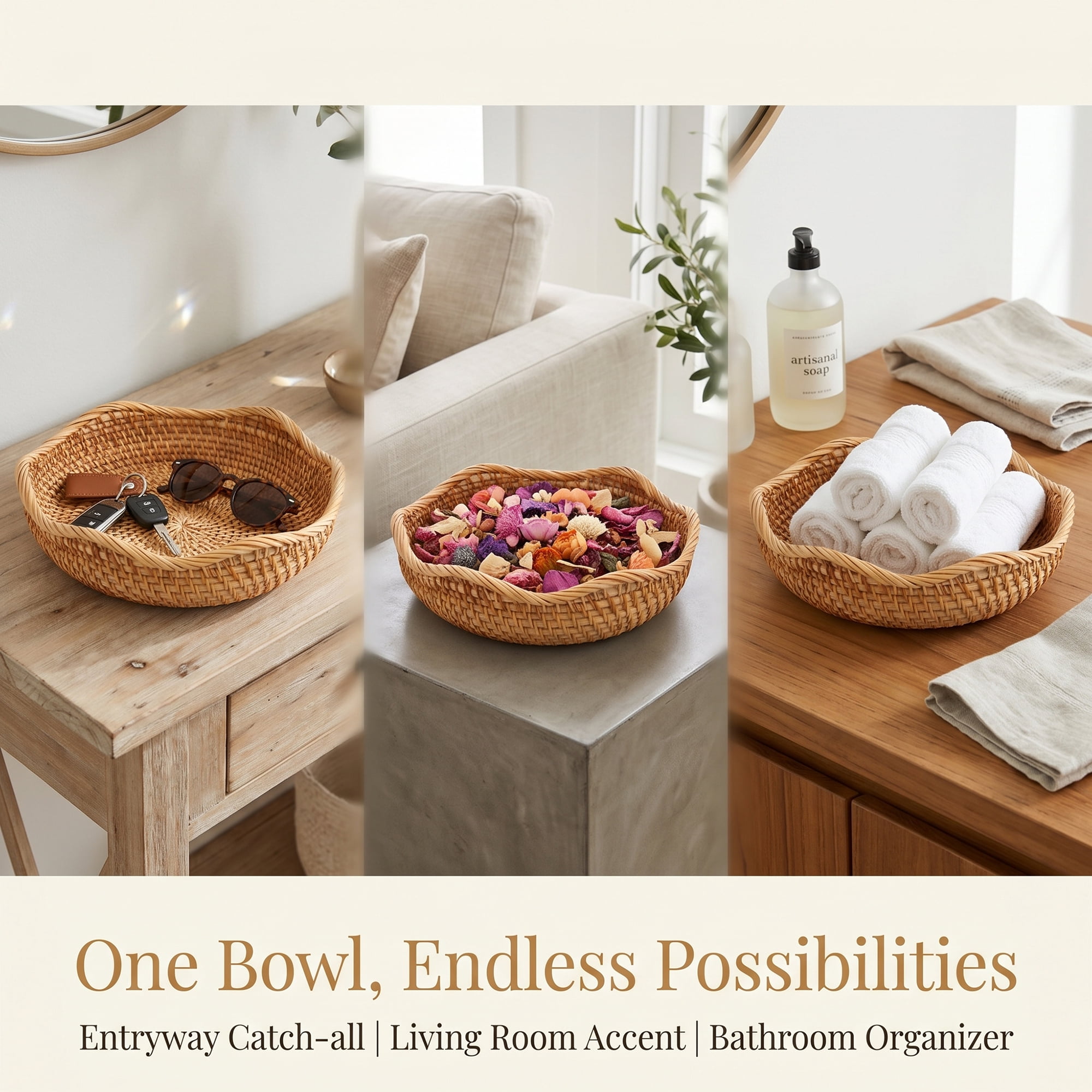Unique Bargains Handmade Woven Bamboo Fruit Basket Rattan Bowl Brown 8.7*8.7*2.6inch