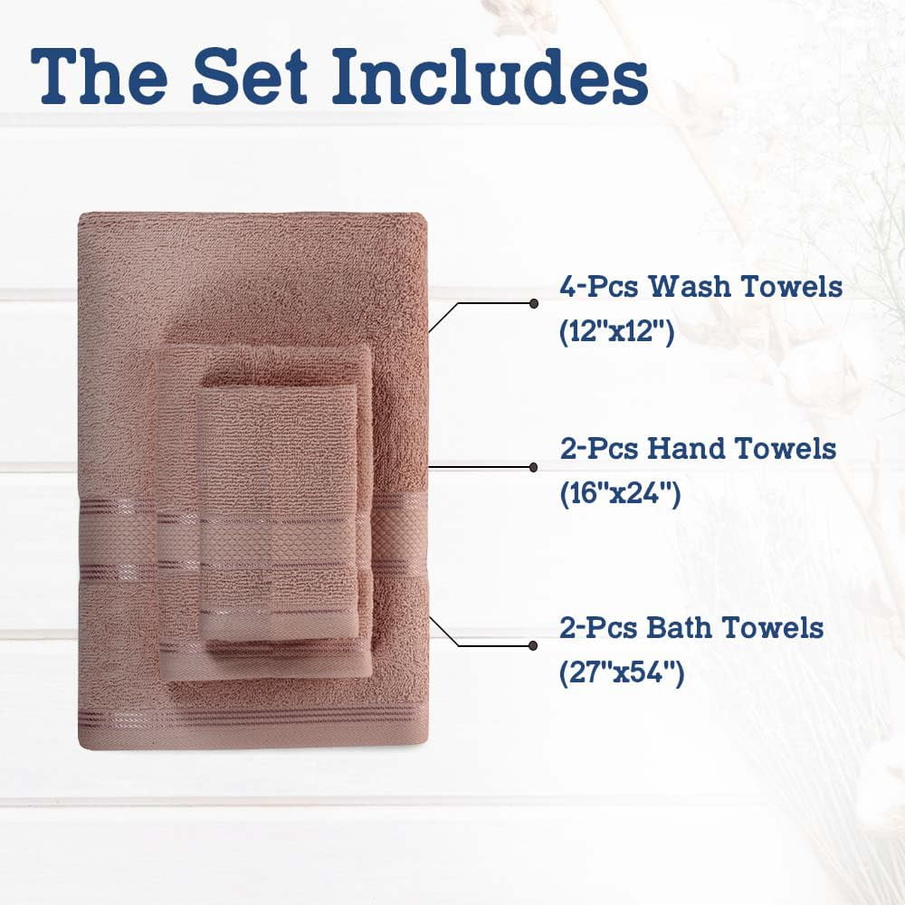 Casa Lino 8Pc Premium Bath Towel Set (2 Bath Towels, 4 Washcloths, 2 Hand Towels) - 100% Cotton, 400GSM & Ultra Absorbent (Coffee)