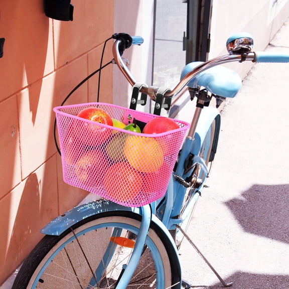 Baluue Pink Front Bike Basket for Cruiser with Quick Release Hook Metal Wire Handlebar Storage