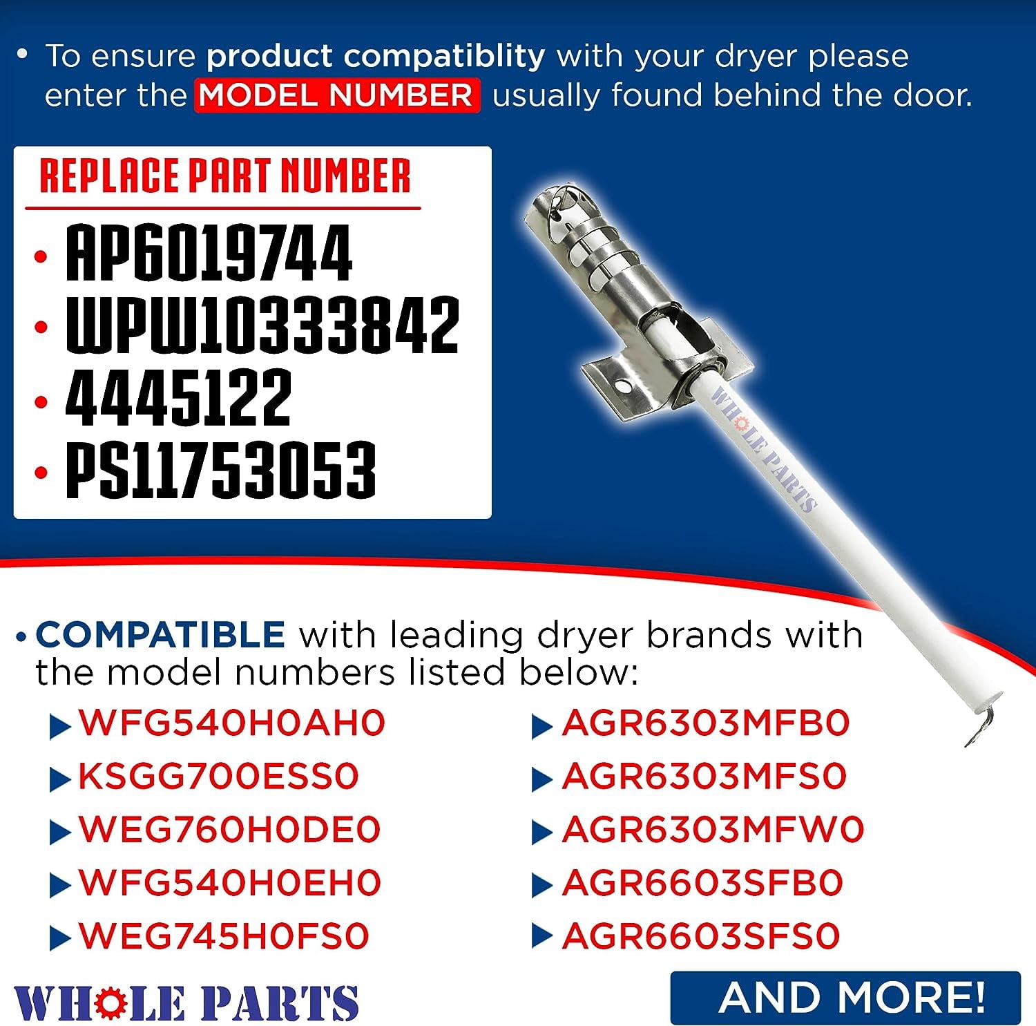 Whole Parts Range Bake or Broil Spark Electrode Part# W10333842- Replacement & Compatible with Some Jenn Air, Kitchen Aid, Amana, Maytag and Whirlpool Ranges