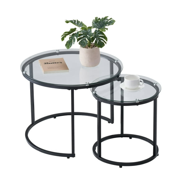 VEVOR Nesting Coffee Table Set of 2, 23.6 in Round Coffee Table, Glass Nesting Tables for Small Place, Modern End Side Tables Night Stand with Metal Frame, for Living Room, Bedroom, Balcony, Office