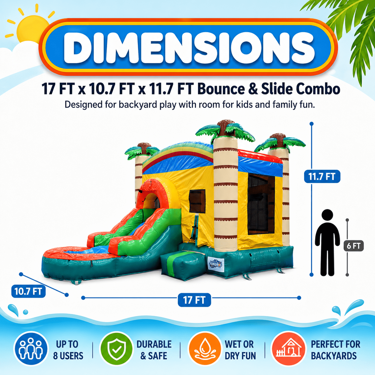 Rayocon Inflatable Bounce House Outdoor Water Slide for Kids Adult,17 x 11.7 x 10.7 ft,Splash Pool,Blower,Basketball Hoop for Backyard