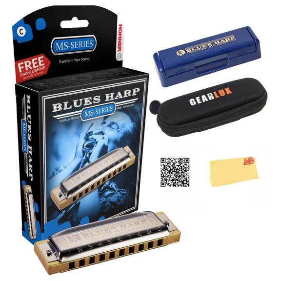 Hohner Blues Band Harmonica - Keys of G, C, A Bundle with Case, Pouch, Online Manual, and Austin Bazaar Polishing Cloth