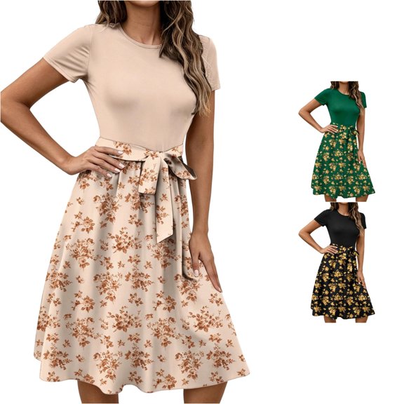 ZHOGXU Women's Dresses Summer Short Sleeve Round Neck Floral Printed Lightweight Comfortable Stylish Dress For Casual Daily Wear,Beige,L