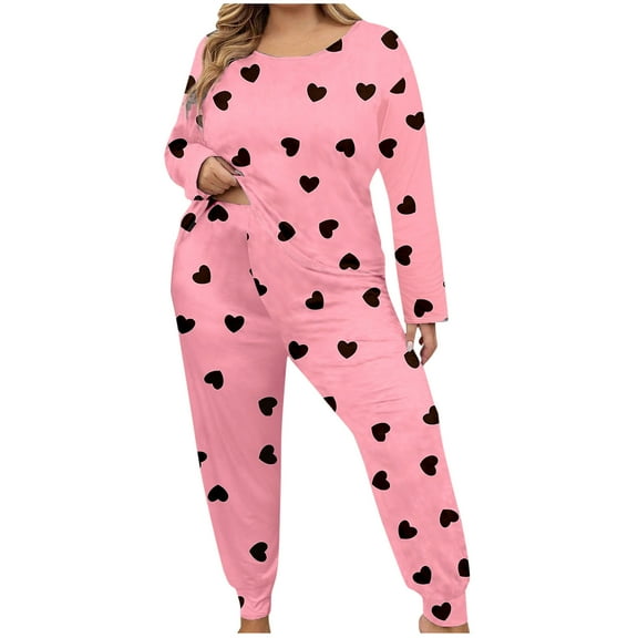 Tnhcen Women's Plus Size Fashion Pjs Set Heart Print Nightwear with Long Sleeves Comfortable Home Clothes Set XL-5XL