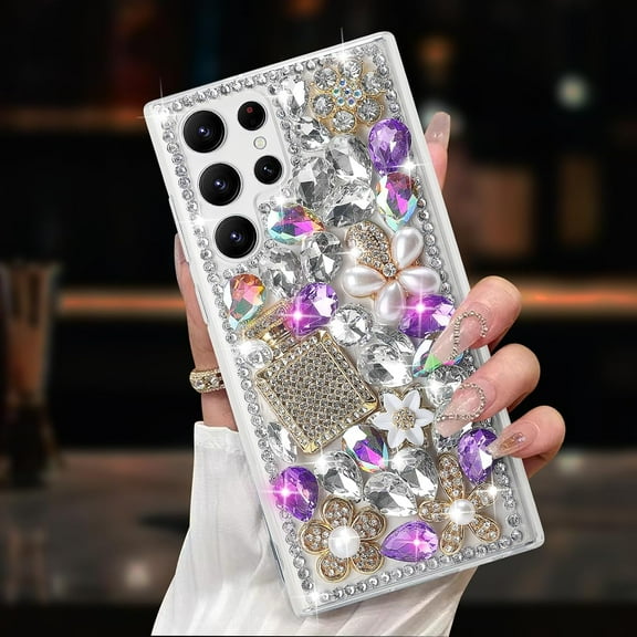 Compatible with Galaxy S24 Bling Case for Women Girls Luxury 3D Sparkle Glitter Diamond Crystal Rhinestone Case Cute Shiny Gemstone Perfume Bottle Flower Design Shockproof Cover, Purple