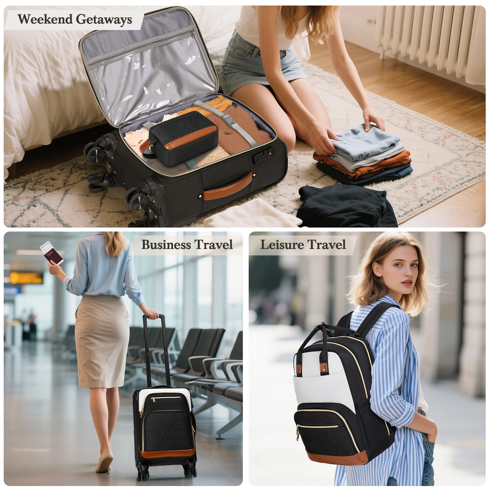 RAINSMORE 3 Piece Carry on Luggage Set with Backpack 20 Inch Softside Suitcases with Wheels Rolling Carry On Suitcase with TSA Lock for Travel Weekender,Black&White