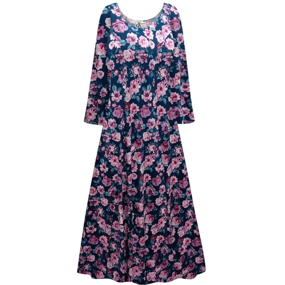 Small Tall Women Dress Teal Garden Print Long Sleeve Princess Cut