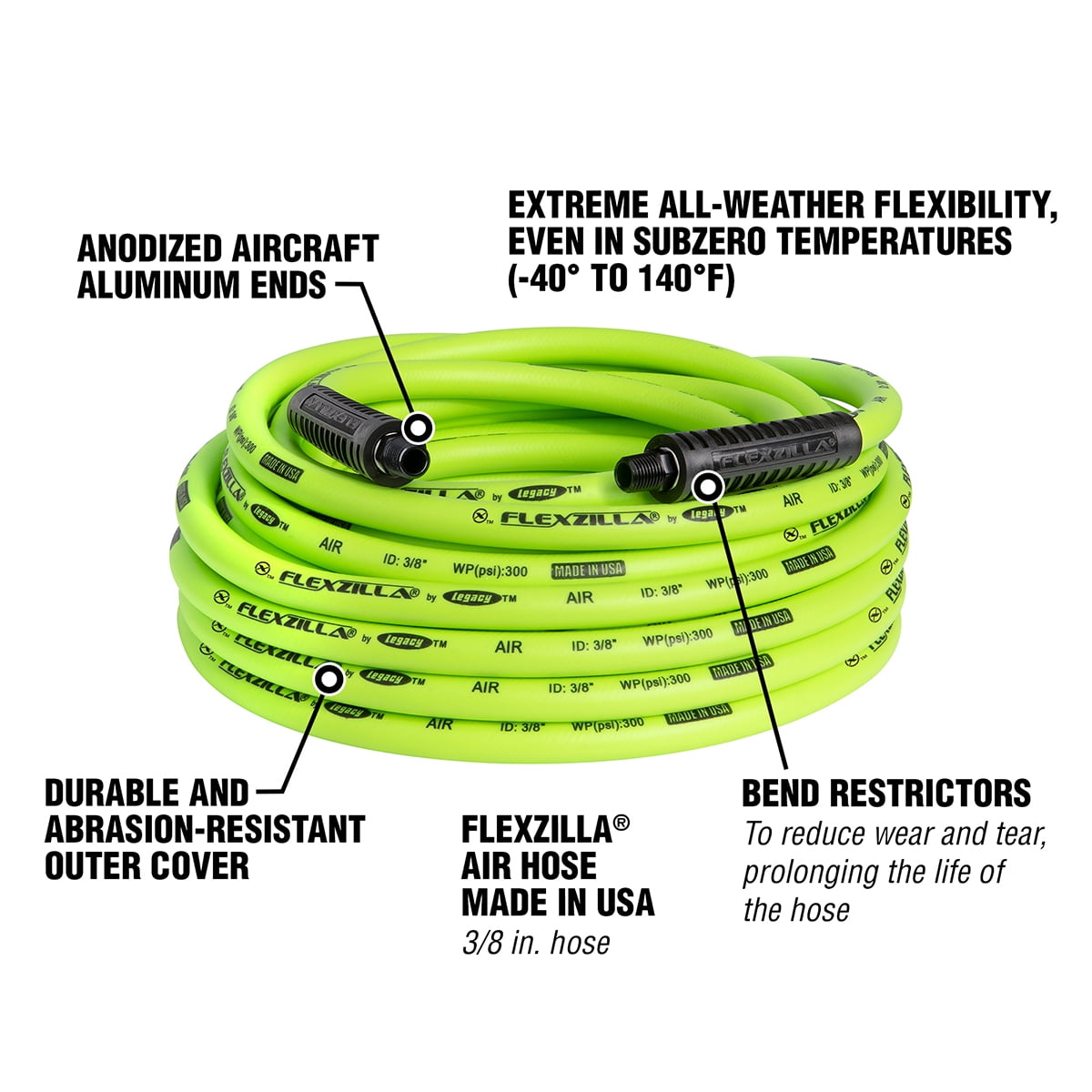 Flexzilla HFZ3850YW3, Hybrid Polymer, Green, 3/8" x 50’, Air Hose, 3/8" MNPT Fittings