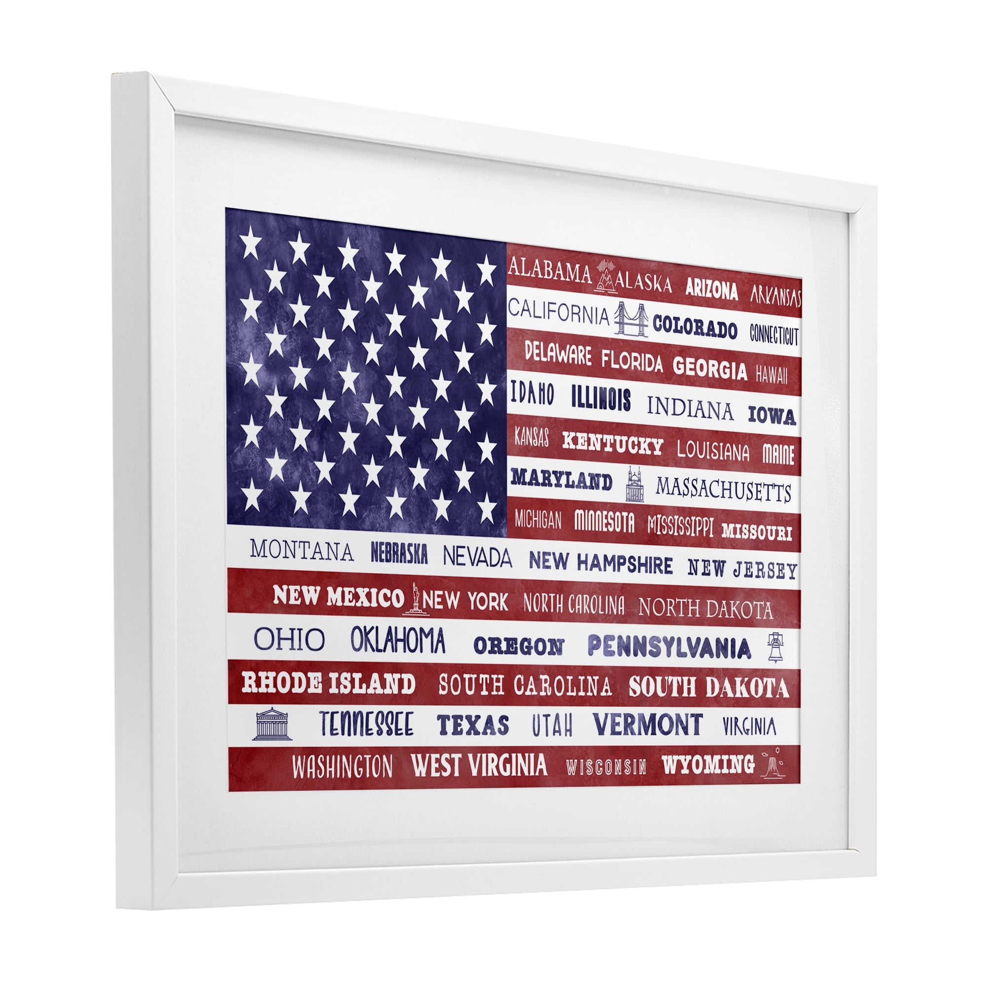 Stupell Industries States Of America Flag White Framed Print Under Glass, design by Daniela Santiago