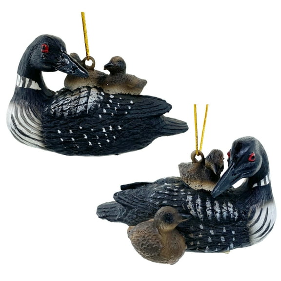 Loon Ornaments - Aquatic Bird Duck Christmas Tree Decorations, Set of 2 Figurines with Baby Loonlet Chicks