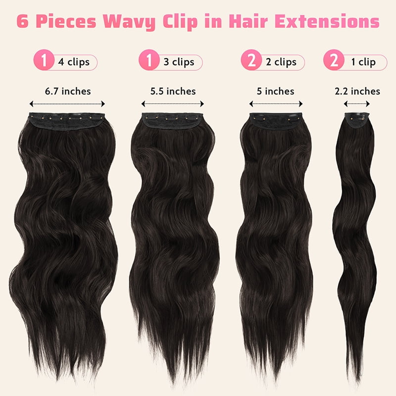 6pcs/set Clip in Synthetic Hair Extensions 22Inch Long Wavy Clip in Hair Hairpiece Heat Resistant Hair Extension Clips In Dark Brown Hairpiece for Women