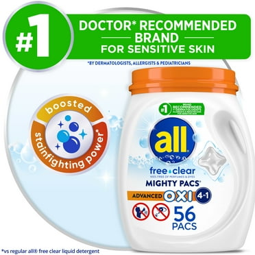 all Laundry Detergent Pacs, Mighty Pacs with OXI Stain Removers and Whiteners, Free Clear, Unscented and Dye Free, 56 Count