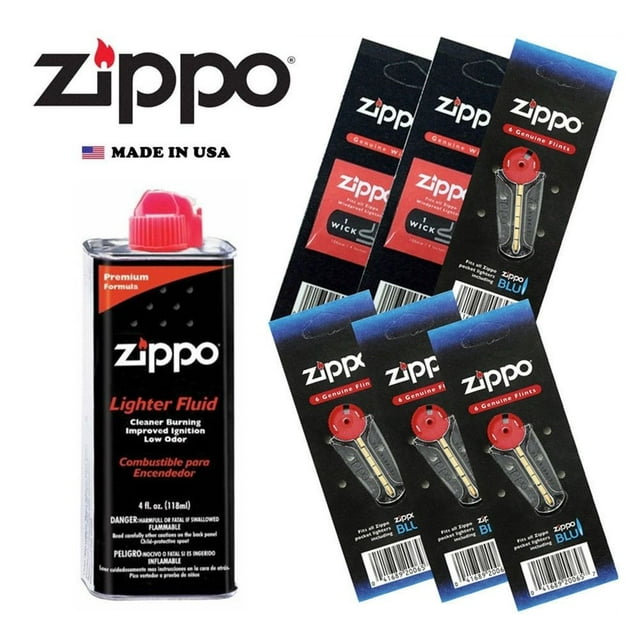 Zippo 4 fl oz Fluid Fuel and 6 Value Pack ( 24 Flints + 2 Wick ) Gift