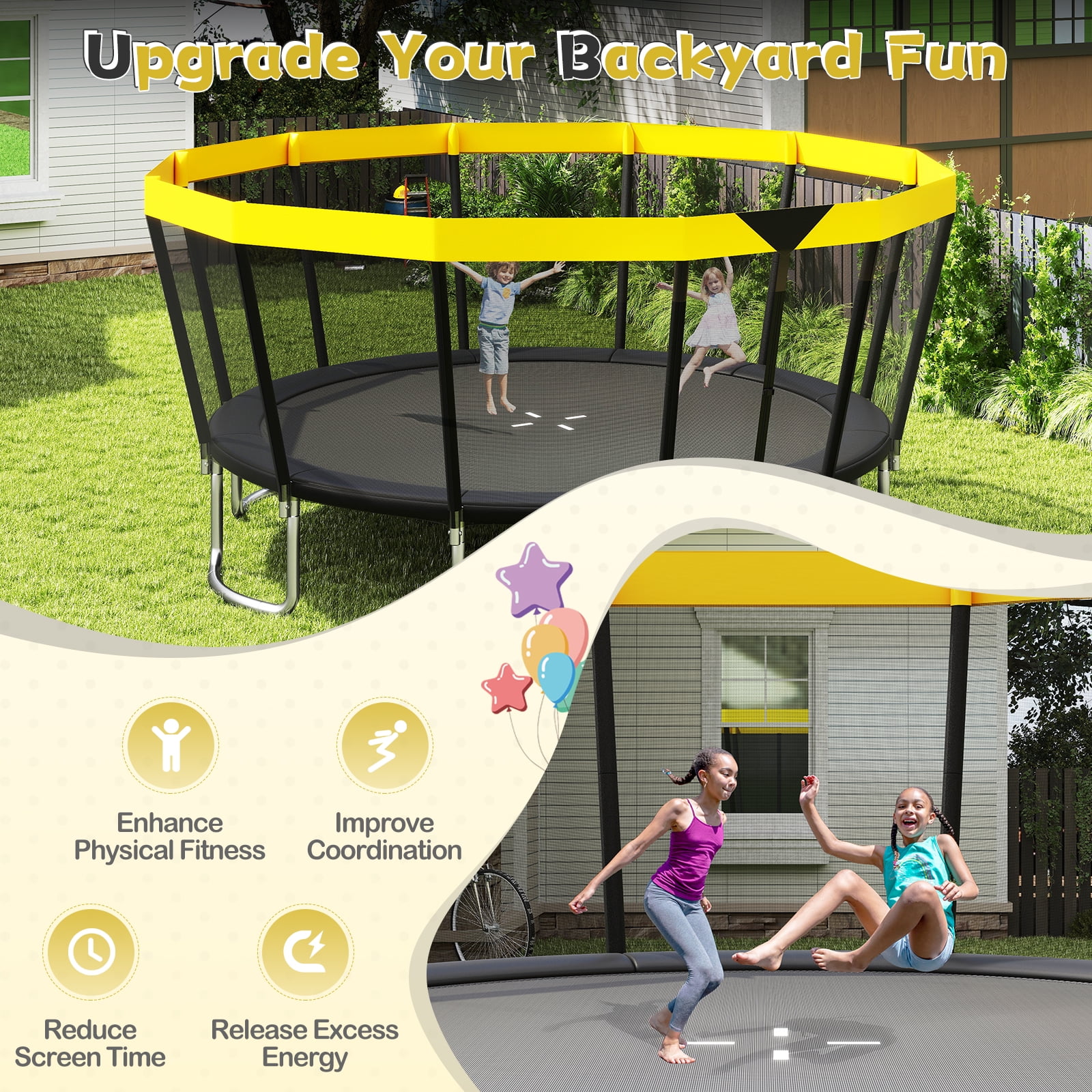 Gymax 16 FT Outdoor Trampoline w/Non-Slip Ladder Enclosure Net & Anti-Rust Coating