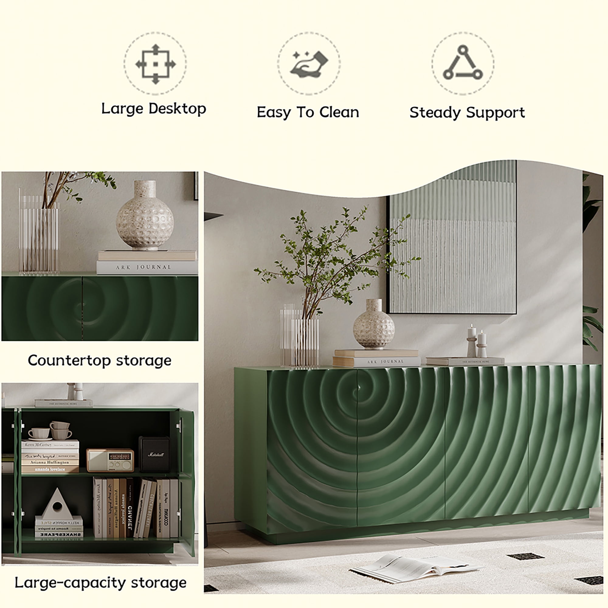 Homy Casa 59 in Modern 3D Ripple 4-Door Credenza Buffet Cabinet for Dining Room Green