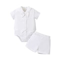 thumbnail image 2 of Huowey Baby Boys Formal Romper Set 2 Piece Outfits Solid Color Short Sleeve Button Down Front Bow Tie Jumpsuit And Shorts Summer Casual Soft Breathable Clothes Sets,White,0-3 Months, 2 of 7
