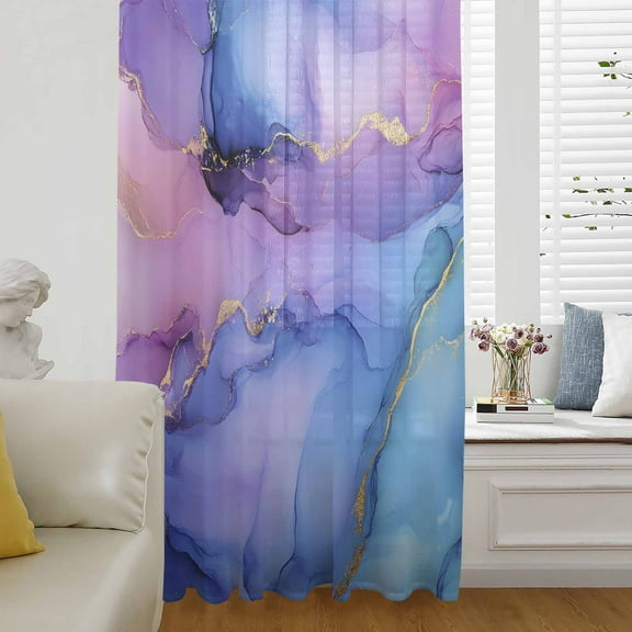 Blue Purple Ombre Semi Sheer Curtains Drapes for Living Room, Bedroom, French Doors Window 96 Inches Long, Marble Modern Ink Painted Abstract Rod Pocket Chiffon Curtain Drapery Voile Draperies Panel