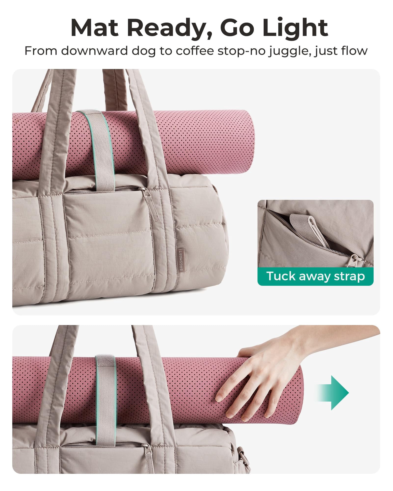 BAGSMART Reiki Gym Bag for Women, Yoga Mat Duffle Bag with Wet & Dry Pocket, Quilted Sports Bag for Weekend/Swimming, Camel