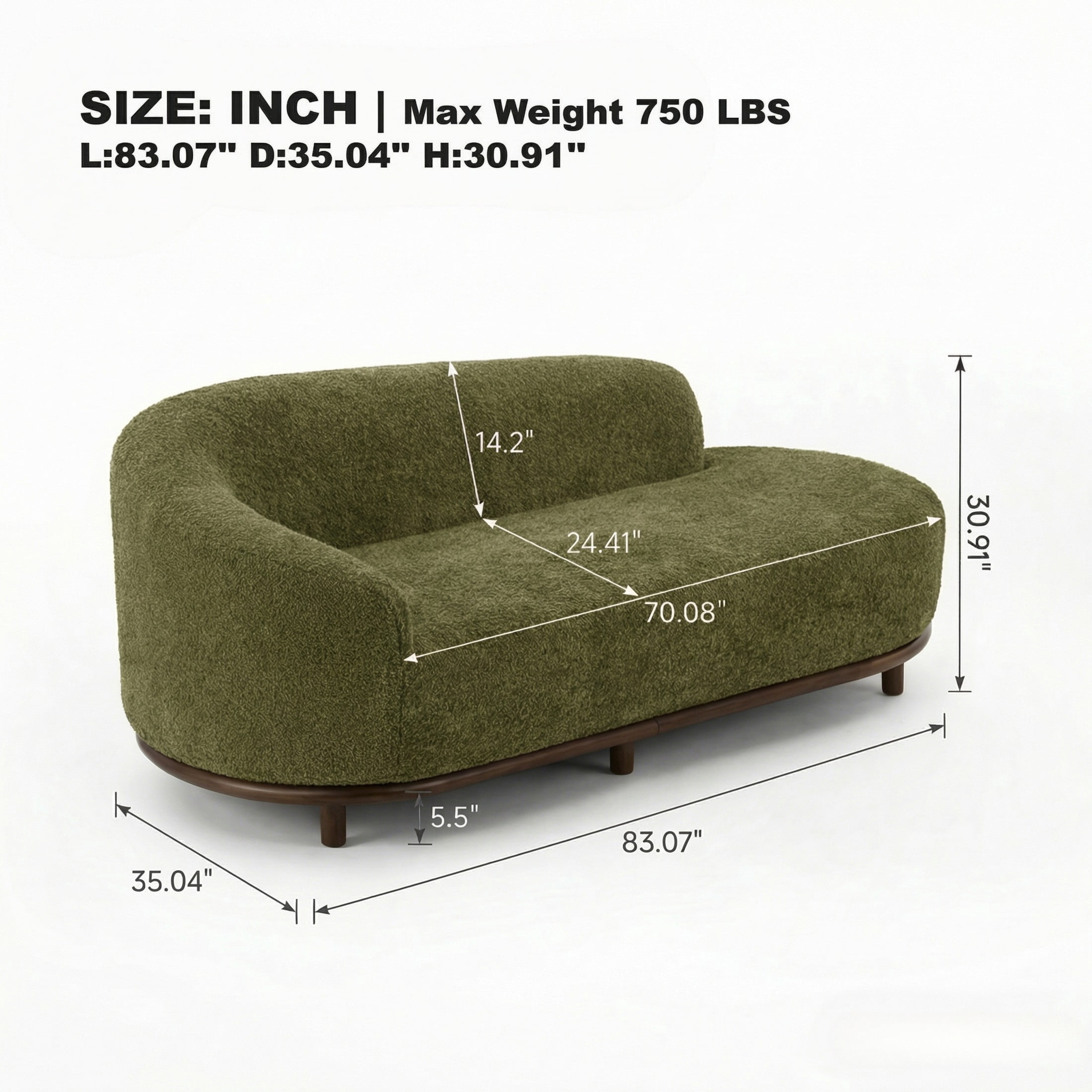 Christopher Knight Home Modern Boucle Chaise Lounge Sofa with 3 Seats, Solid Wood Frame, Green