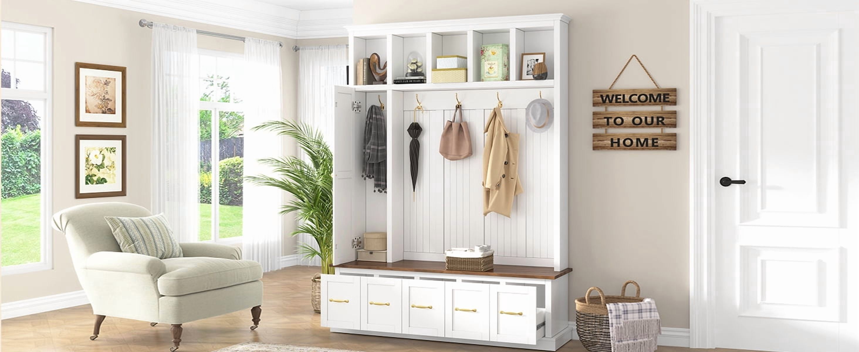 Mintazer 78.7” Tall Farmhouse Entryway Hall Tree with Coat Rack Hooks, 2 Closet, 5 Drawers & Shoe Storage Bench for Living Room, Bedroom, Hallway, White