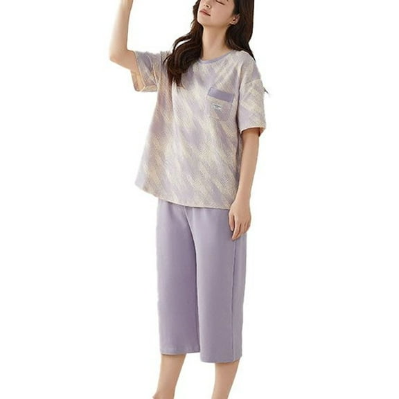 Women's 2 Piece Pajamas Cotton Lightweight Loose Cool Lounge Set Spring Pjs Pajama Set Cute Short Sleeve Shirt Capri Pants Summer Fall Sleepwear Style1 Medium