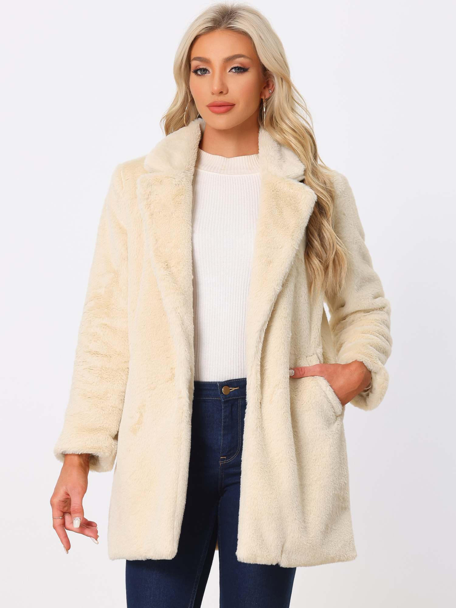 DARING DIVA Women's Lapel Faux Fur Fuzzy Warm Jacket Overcoat XL Apricot