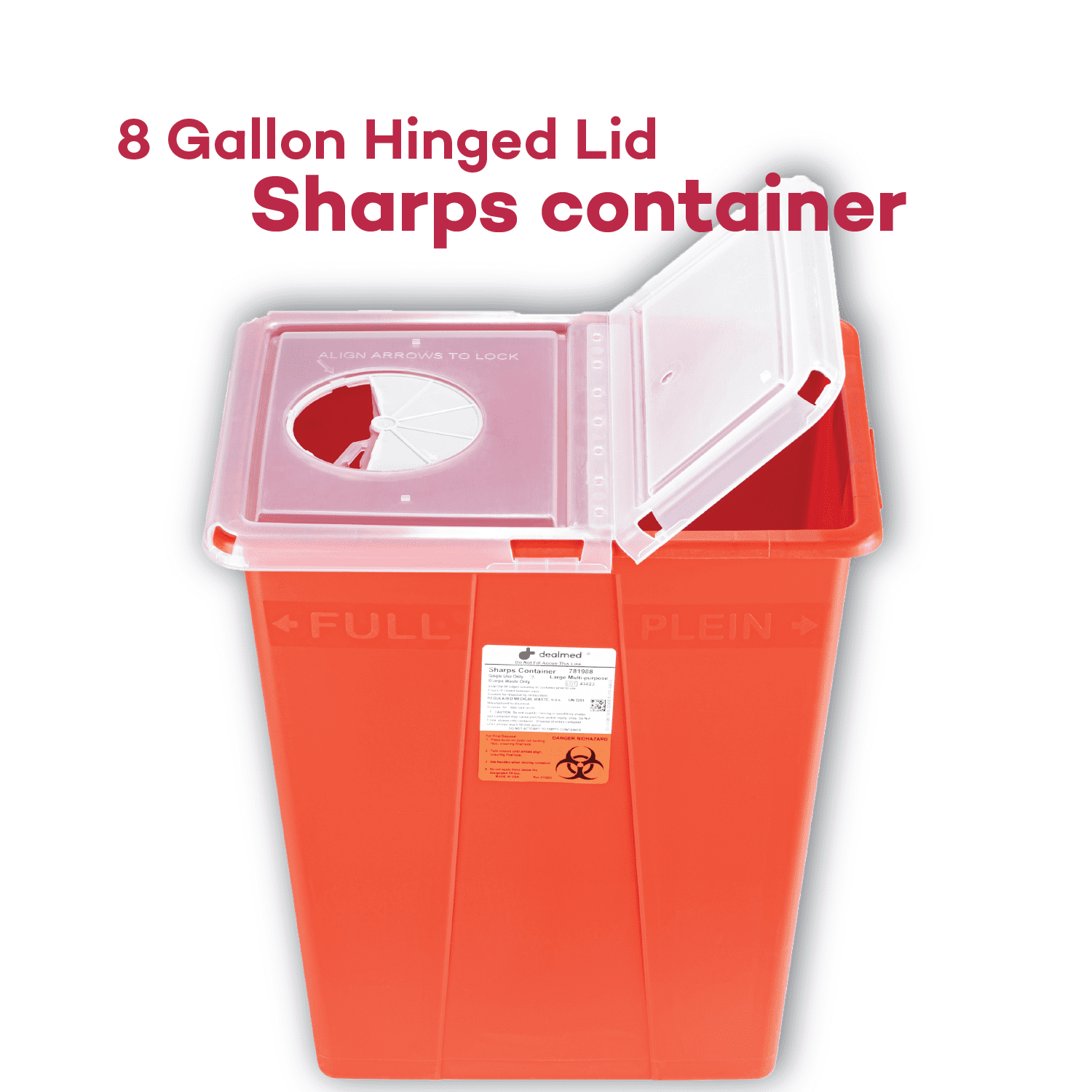 Dealmed Sharps Container, 8 Gallon Hinged Lid, Red (Case of 10)