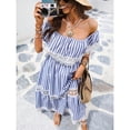 thumbnail image 5 of Blue And White Off-Shoulder Striped Maxi Dress With Lace Trim And Smocked Waist, 5 of 6