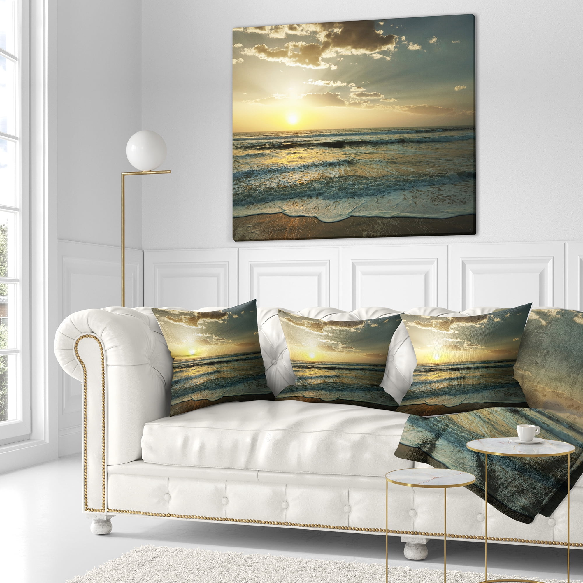 Designart Dark Beach and Waves At Sunset - Beach Photo Throw Pillow - 18x18