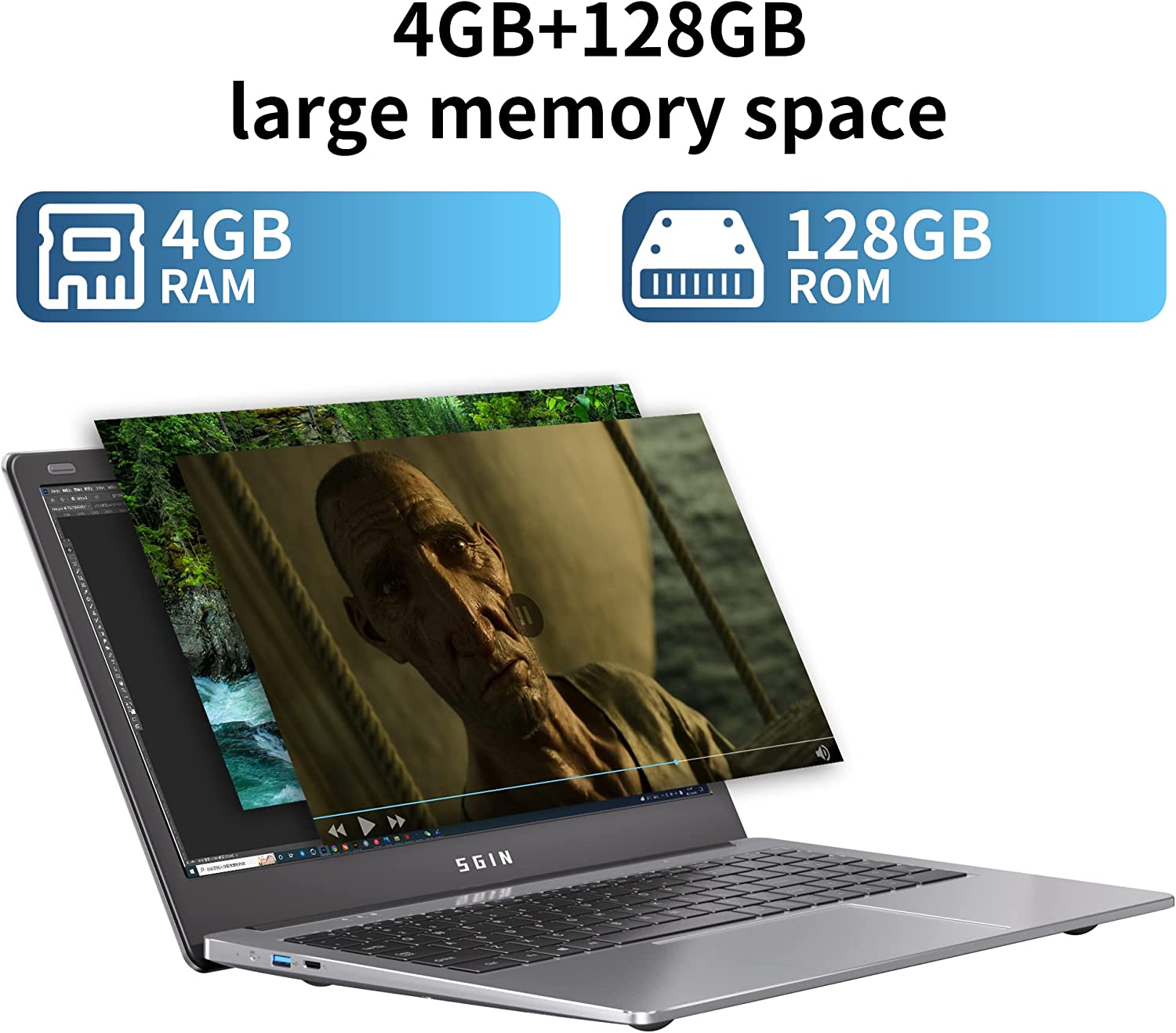 SGIN 15.6inch Laptop 4GB DDR4 128GB SSD Windows 11 with 4 Core Intel Celeron, HD 1366*768 IPS - image 3 of 9
