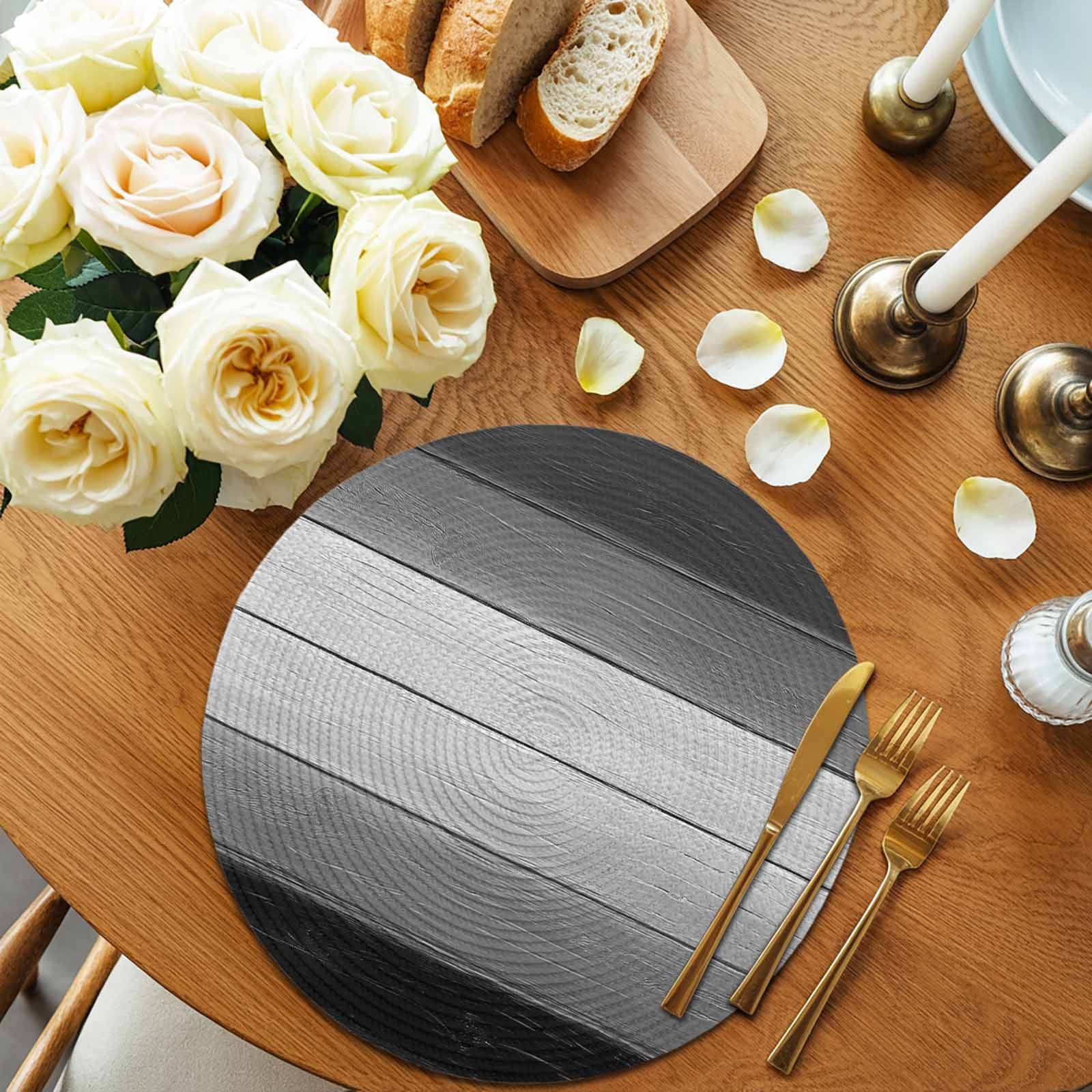 Round Placemats Set of 4 Black Wood Grain Place Mats Washable Woven Placemat Grey Gradient Wooden Circle Braided Table Mat for Kitchen Dining Table Party Home Decor 15 Inch