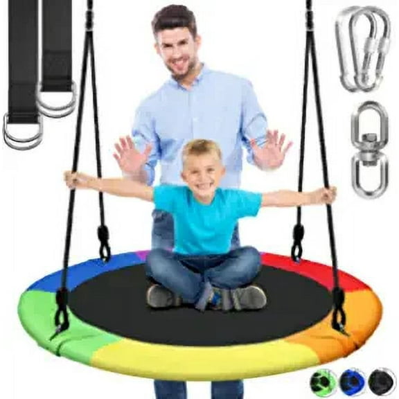 SereneLife Saucer Swing with Hang Kit, Outdoor Tree Swing with Swivel Spinner for Kids (Rainbow)