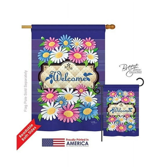 Breeze Decor 04076 Floral Daisies Welcome 2-Sided Vertical Impression House Flag - 28 x 40 in.