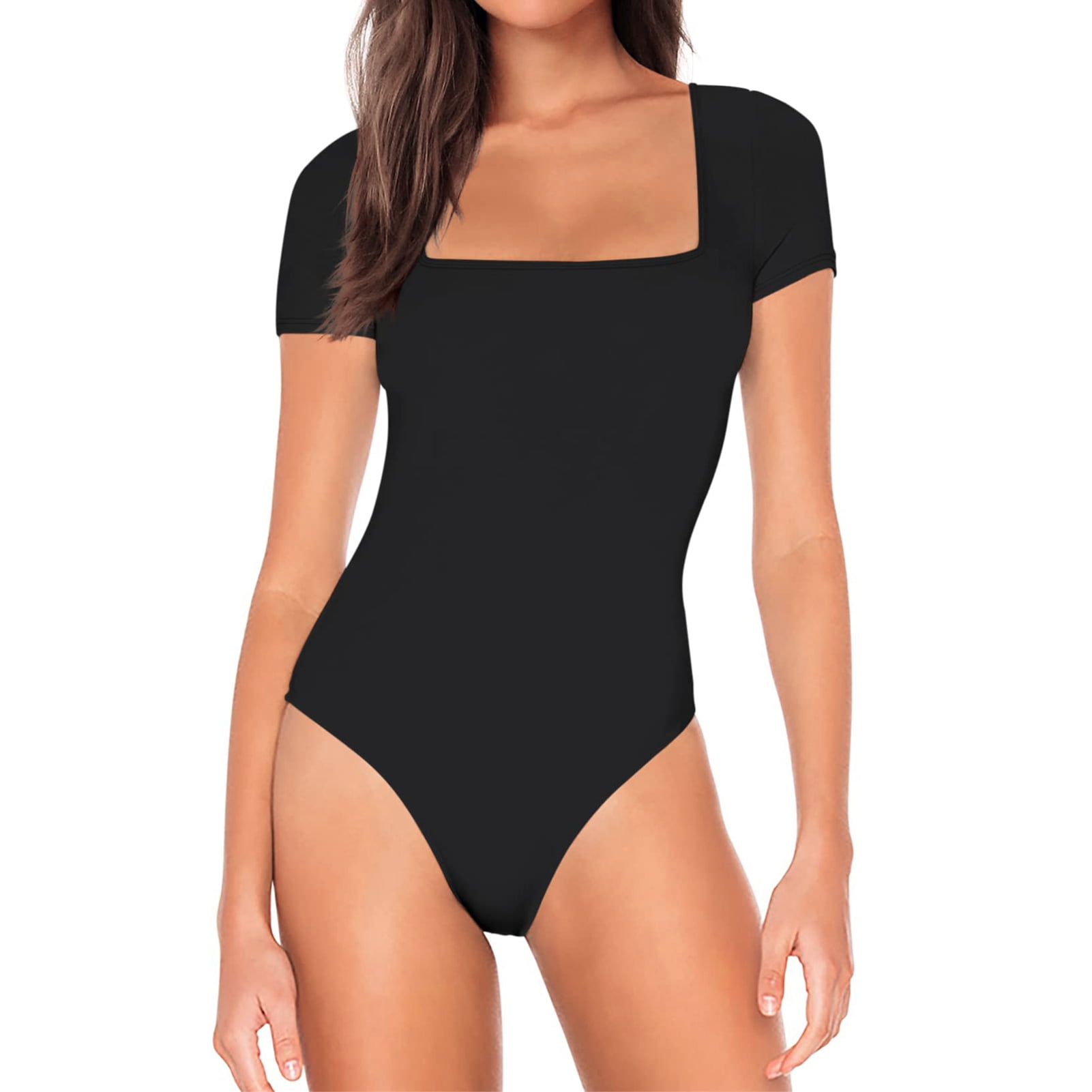 Bodysuit Womens Black One Piece Fitted Jumpsuit Short Sleeve