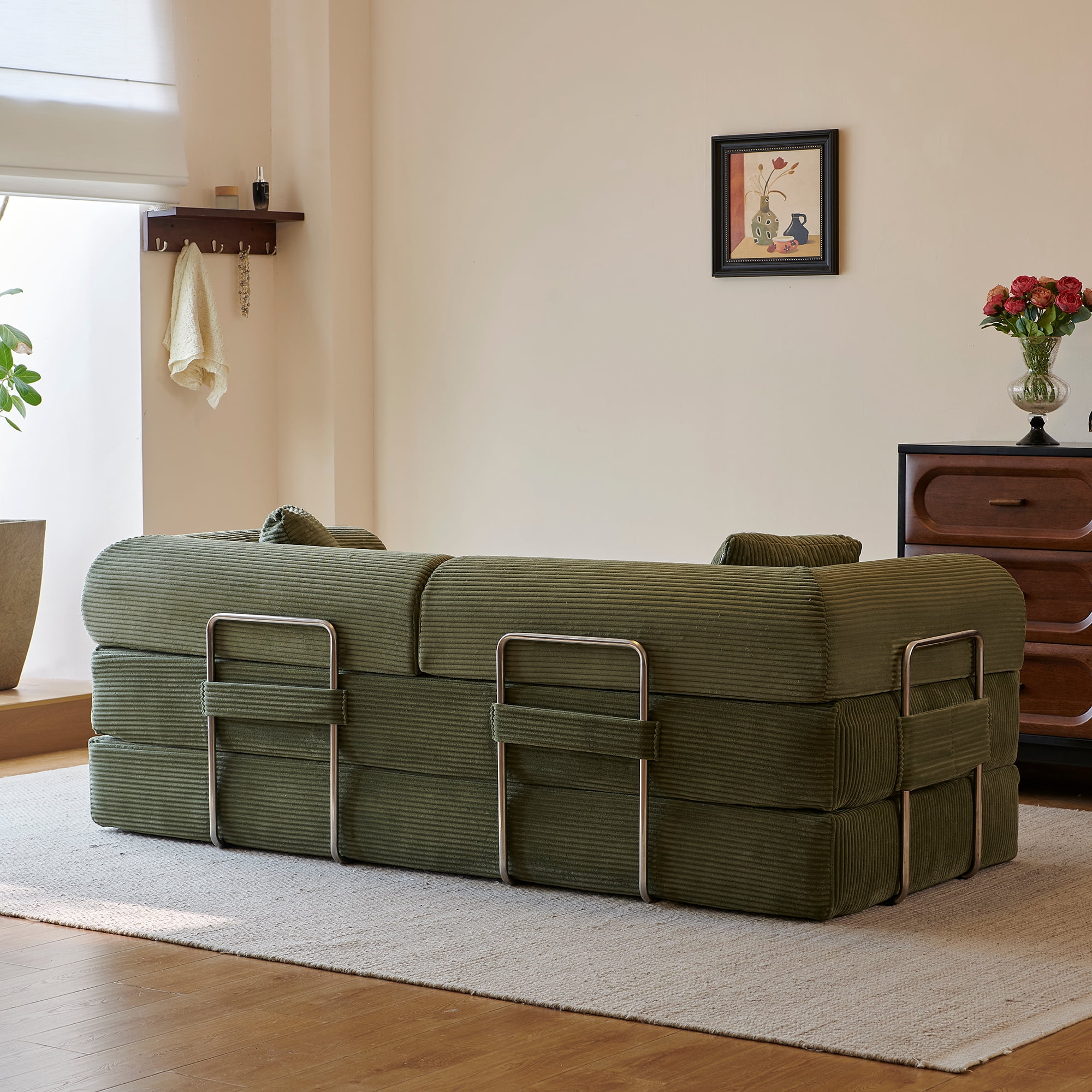 78" Convertible Sofa Bed, Corduroy Futon Pull Out Couch Folding Mattress Floor, No Assembly Boneless Sleeper Sofa for Living Room, Green