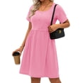 thumbnail image 4 of MOSHU Summer Dresses for Women Crewneck Short Sleeve Midi Dress Casual Button A-Line Sundress with Pockets, 4 of 8